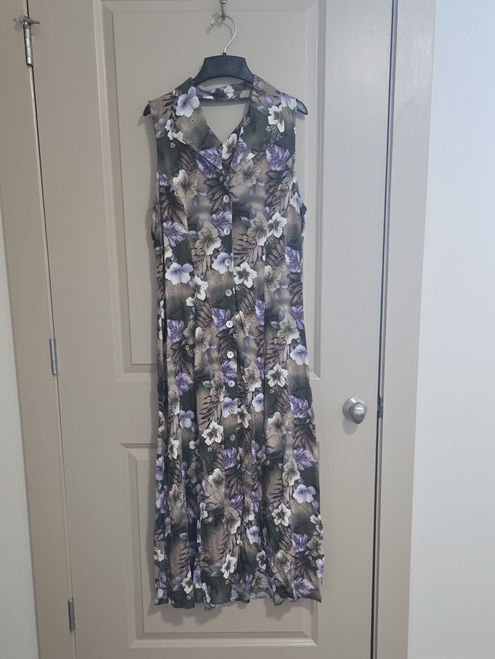 connected apparel Olive Floral Button-Front Maxi Dress with Lavender Accents
